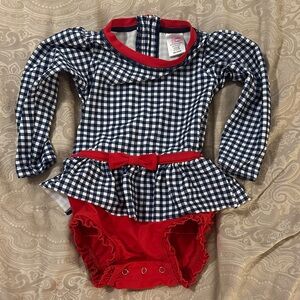 RuffleButts Navy and Red Gingham Swim 18-24 months EUC